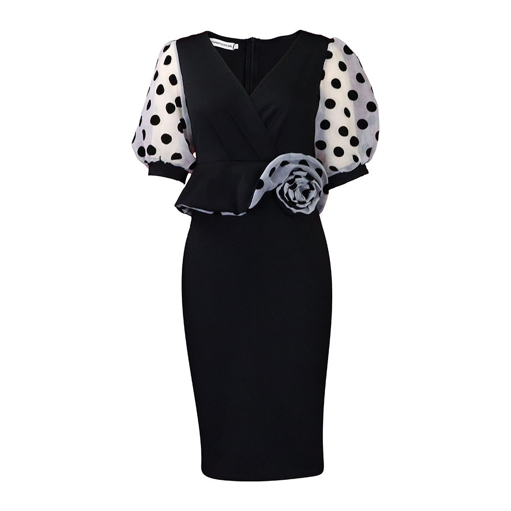 Plus Size Womens Dress Fashionable Polka Dot Mesh Panel V Neck Elegant Style for Parties Wholesale Available