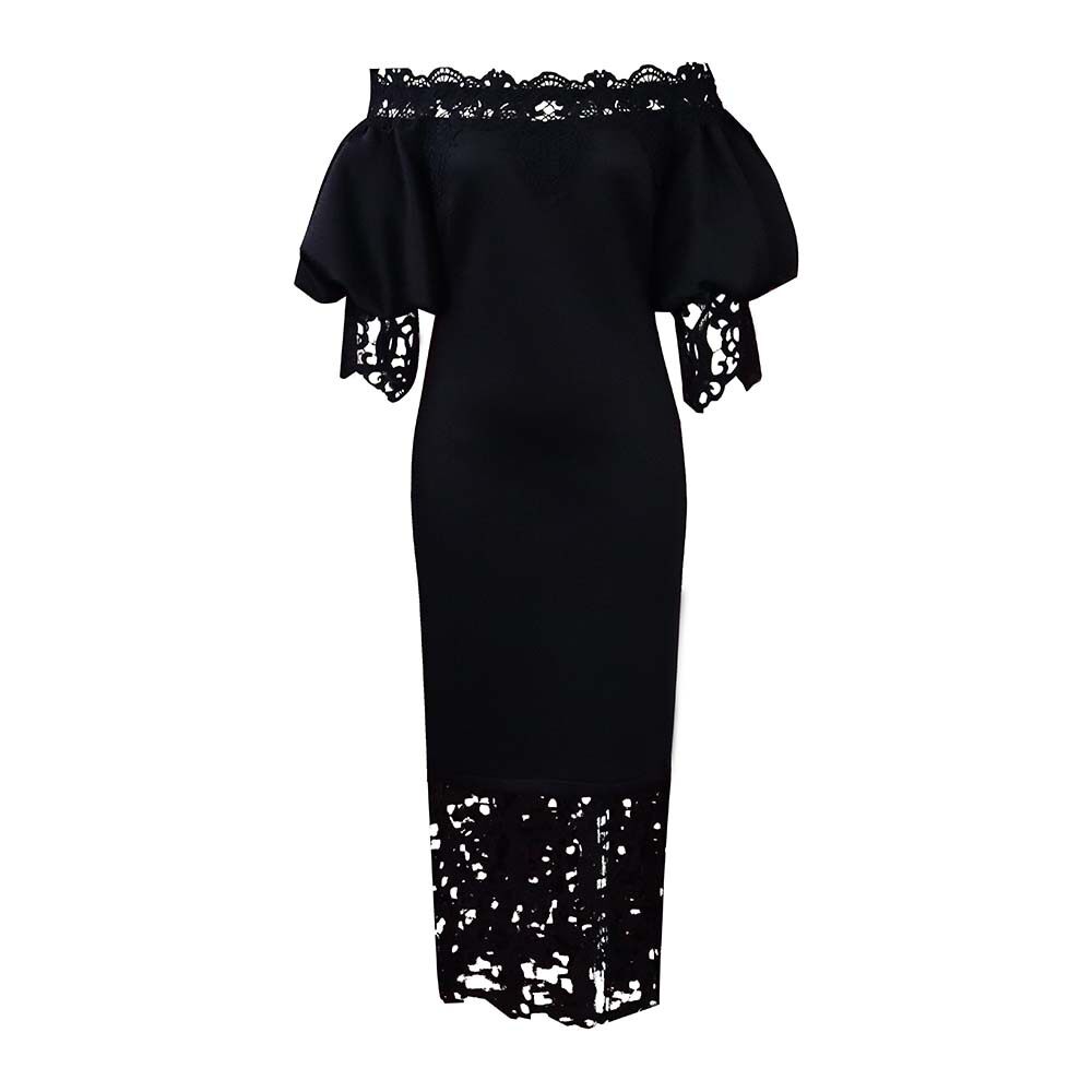Off Shoulder Lace Trimmed Evening Dress Lantern Sleeves Elegant Design Perfect for Parties Wholesale Availability