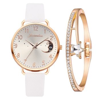 in stock Foreign Trade New Hot Selling Women's Distinctive Quartz Watch suit pu with Moon Pattern Dial with Calendar