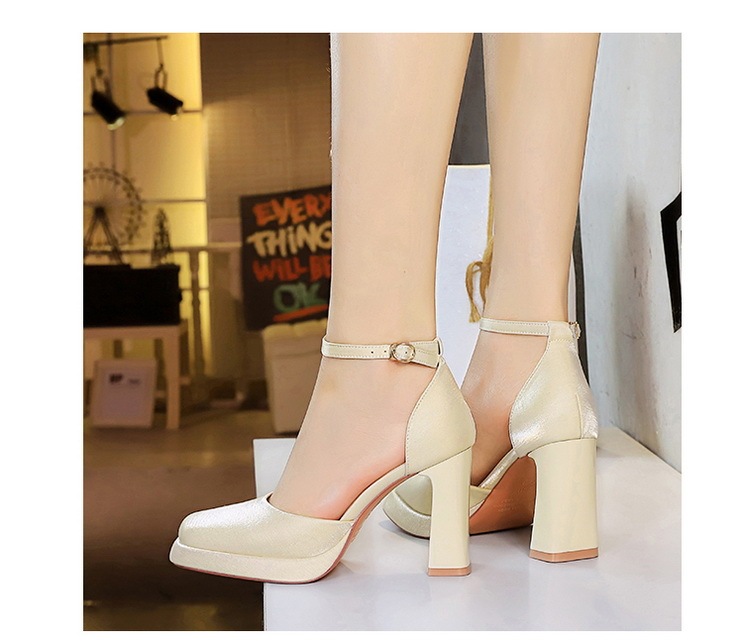Sandal cao gót nữ quai ngang mũi vuông đế xuồng mặt satin — Màu đen, Màu đỏ rượu, Màu sâm panh, Màu trắng