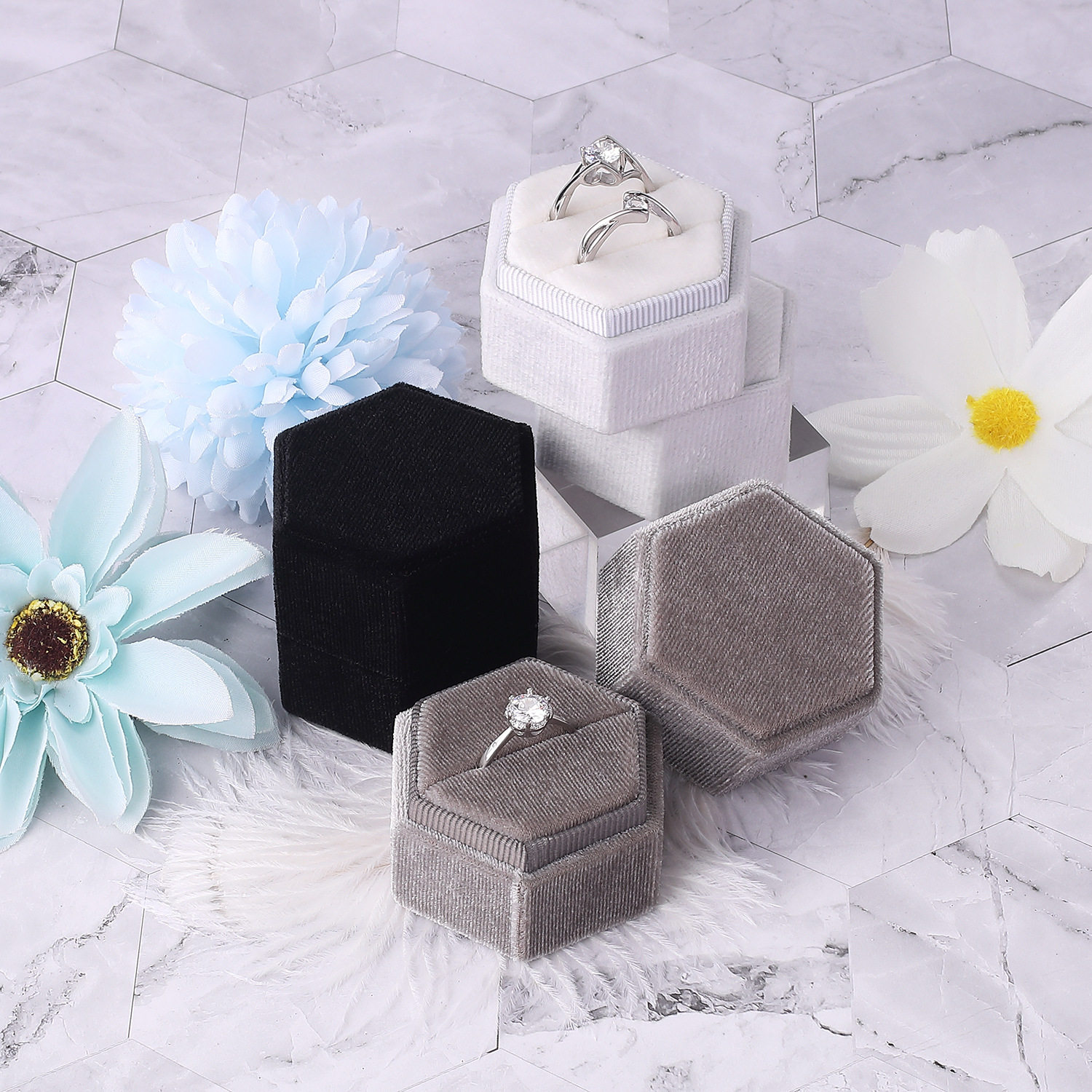 Cross-Border Hexagonal Jewelry Box, Flannel Ring Box, Earring Box, Proposal Ring Box, Jewelry Box with a High-End Feel