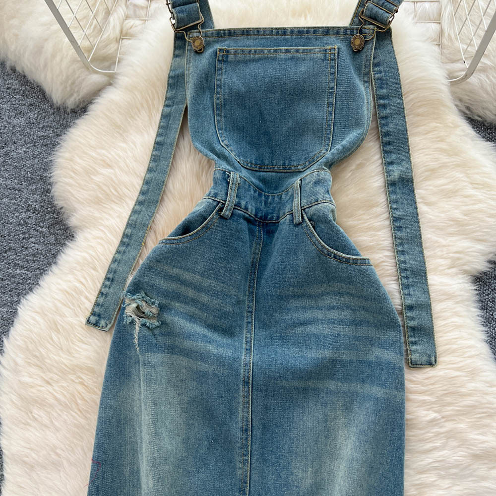 Vintage American Style Denim Overall Dress for Women Distressed Frayed Hem Slim Fit Autumn Casual Wear Wholesale