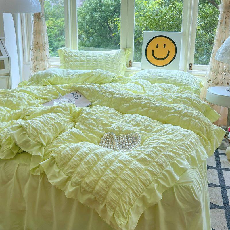 Ins Small Fresh Bubble Skin-Friendly Pure Color Lace Bed Bed Sheets Bed Skirt Four-Piece Set Student Dormitory Three-Piece Set
