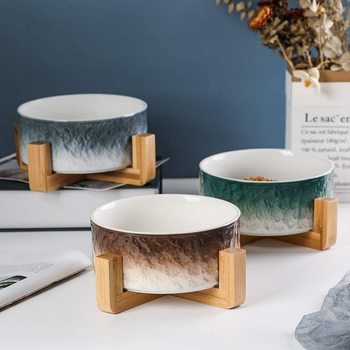 Nordic Cat Bowl Ceramic Drinking Pet Bowl Dog Bowl Double Bowl Creative Bamboo and Wood Supplies Anti-knock Cat Food Bowl