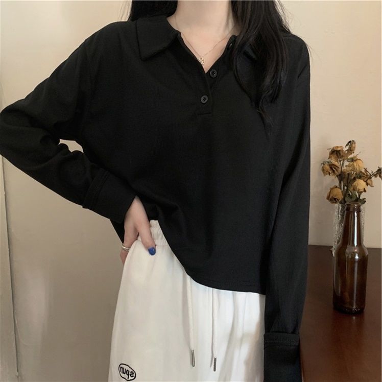 Loose Fit Long Sleeve Polo Shirt Korean Style Gray Color Autumn Fashion Casual Wear for Women Wholesale Available