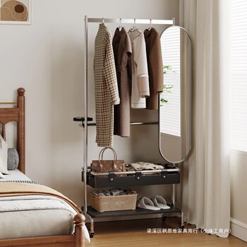 Italian Light Luxury Stainless Steel Bathroom Floor-Standing Full-Length Mirror Coat Rack Integrated Home Living Room Removable Storage Shelf