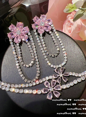 波光粼粼粉蝴蝶石项链 设计师LULU镀18K金彩锆石几何花朵耳环