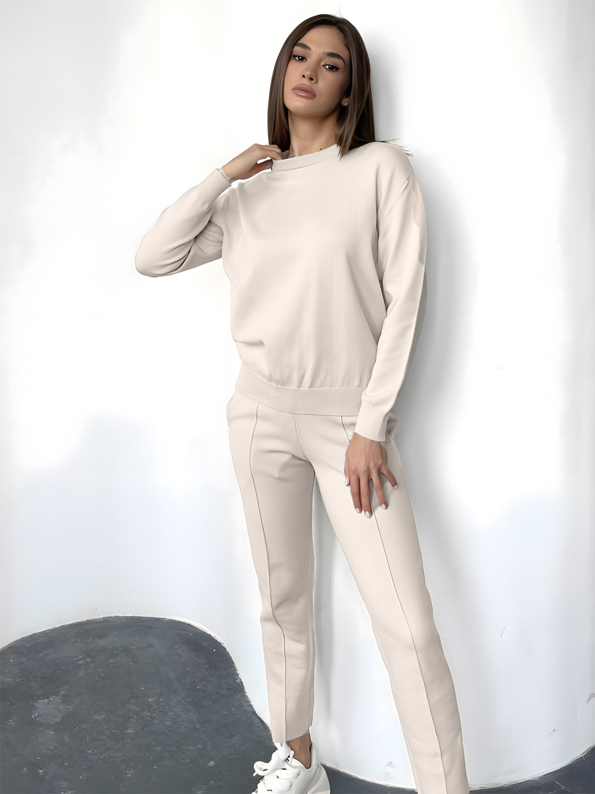 Womens Knitted Sweater Set Loose Fit Round Neck Tapered Pants Autumn Winter Casual Wear Wholesale Available