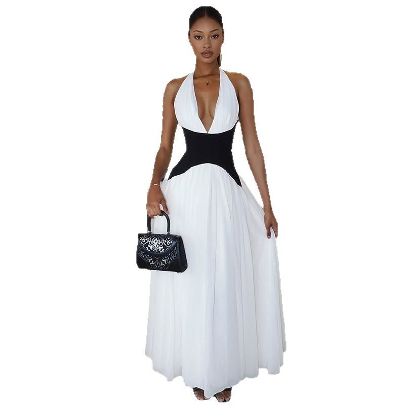 A Line Dress Ruched Color Block Deep V Neck Backless Elegant Evening Wear Wholesale Available