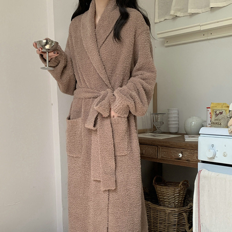 Pajamas for Women, Autumn and Winter Half-Velvet Fleece-Lined and Thickeneded Simple Brown Bathrobe, Winter Maternity Home Clothes That Can Be Worn Outside