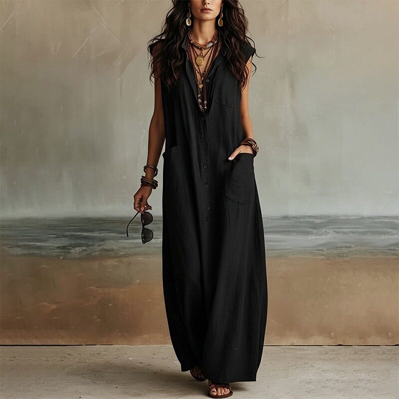Loose Fit Button Up Long Dress Solid Color French Style Casual Vacation Wear Available for Wholesale