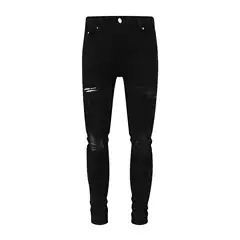 High Street Trendy Brand New AMR Black Patchwork Patch Ripped Jeans Men's Stretch Slim Fit Slimming Leg Pants