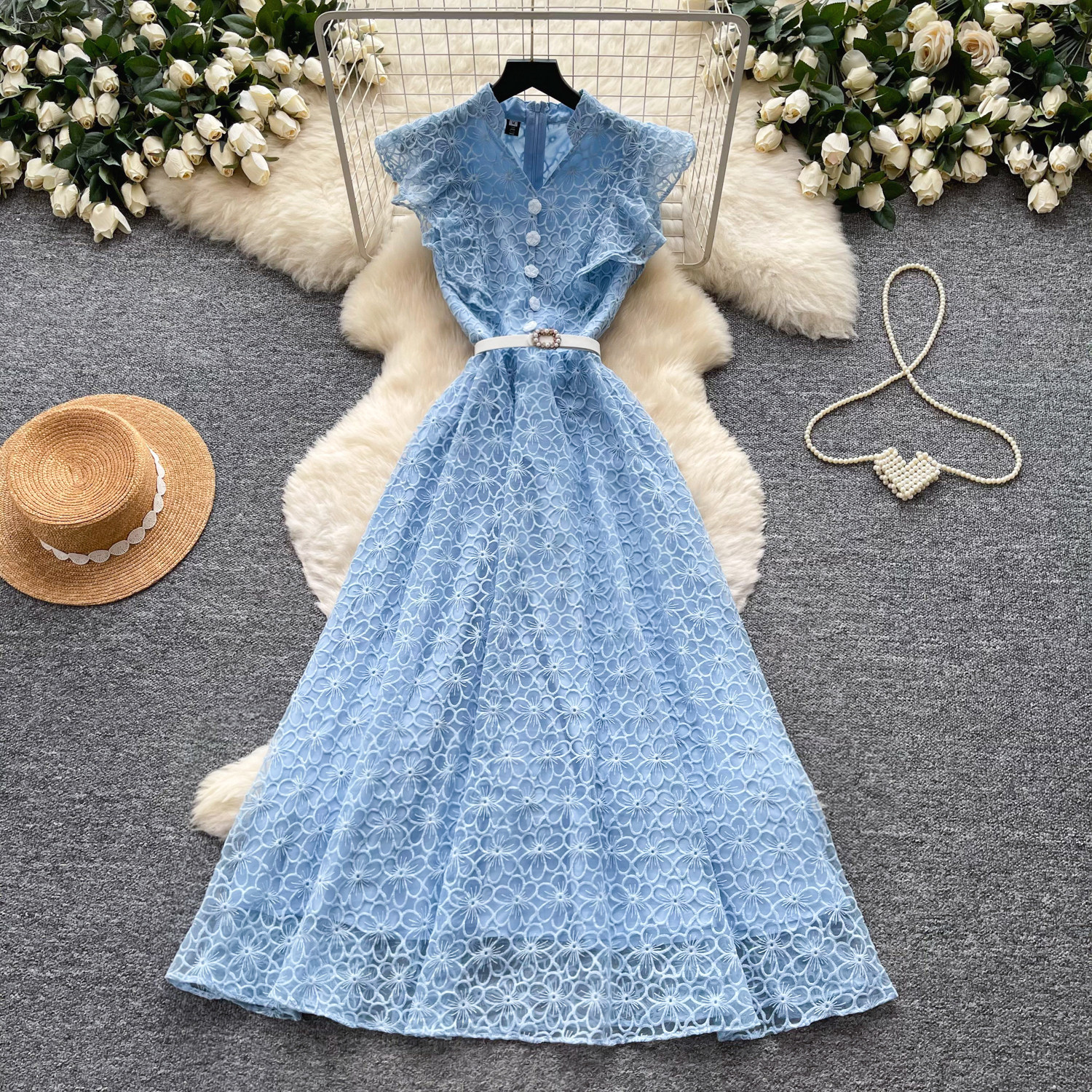 Sleeveless A Line Lace Dress High Waist Hollow Out Elegant Style Summer Casual Wear for Women Wholesale Available