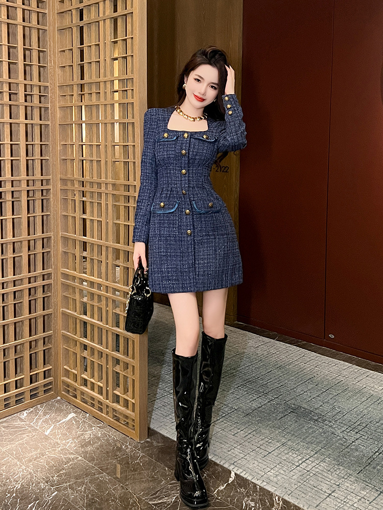 Đầm nữ dáng chữ A cổ vuông thắt eo vải tuýt dài tay — Màu tím xanh lam