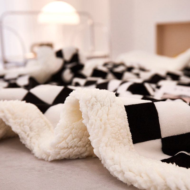 2025 Autumn and Winter Double-Layer Thickeneded Lamb Velvet Blanket Pure Plain Checkerboard Office Blanket Small Fur Blanket Casual