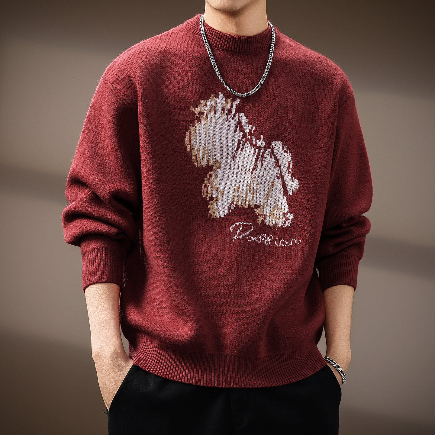 高端抽象印花700g重磅毛衣男秋季复古日系慵懒风宽松套头针织线衣,淘宝优惠券,粉丝福利购,淘宝优惠卷