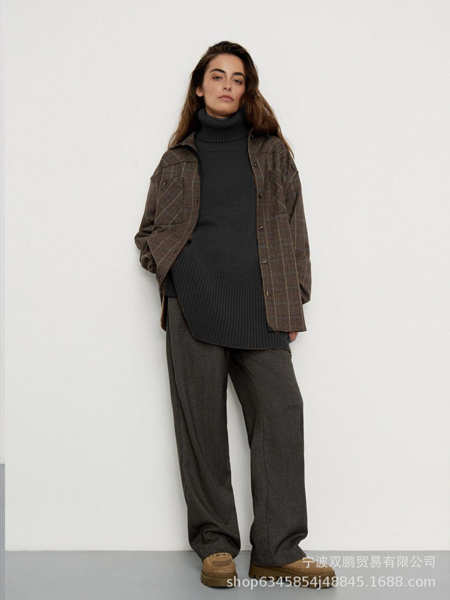 Loose Fit Turtleneck Sweater Solid Color Knitted Split Hem Autumn Winter Womens Fashion Wholesale Available