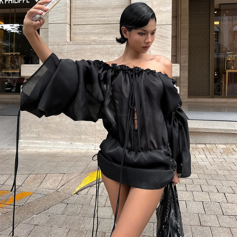 Off Shoulder Ruched Bodycon Dress Lantern Long Sleeves Sexy Fit Autumn Fashion Wholesale Available