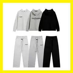 Essentials Season 8 Fog High Street Flocked Letter Couple Hoodie + Long Pants Short Sleeve Set