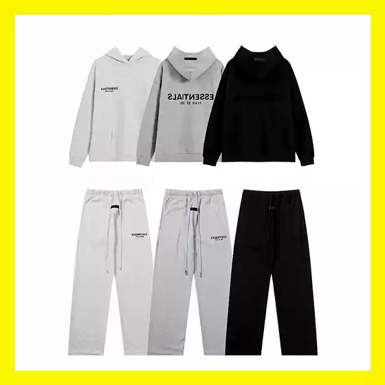 Essentials Season 8 Fog High Street Flocked Letter Couple Hoodie + Long Pants Short Sleeve Set