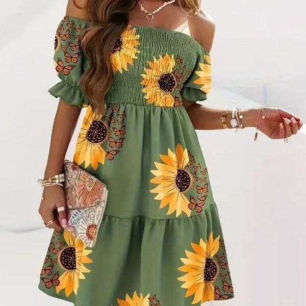 Women's Printed Short-Sleeve Ruched Dresses
