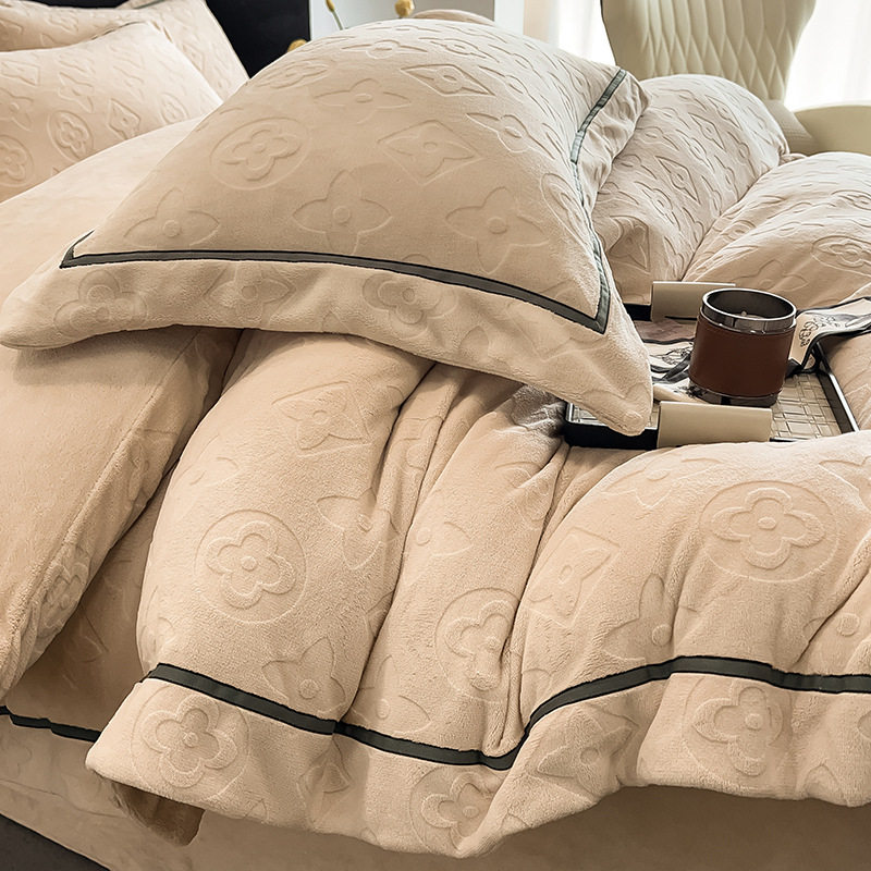 New William Series Engraving Engraved Milk Velvet Four-piece Set fleece-lined Thickened Bed Sheet Bed Cover Dormitory Three-piece Set