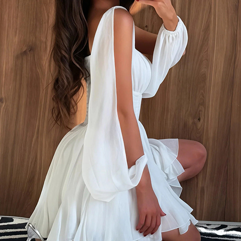 Solid Color Square Neck Off Shoulder Dress Hollowed Long Sleeves Waist Cinching A Line Silhouette Elegant Casual Wear
