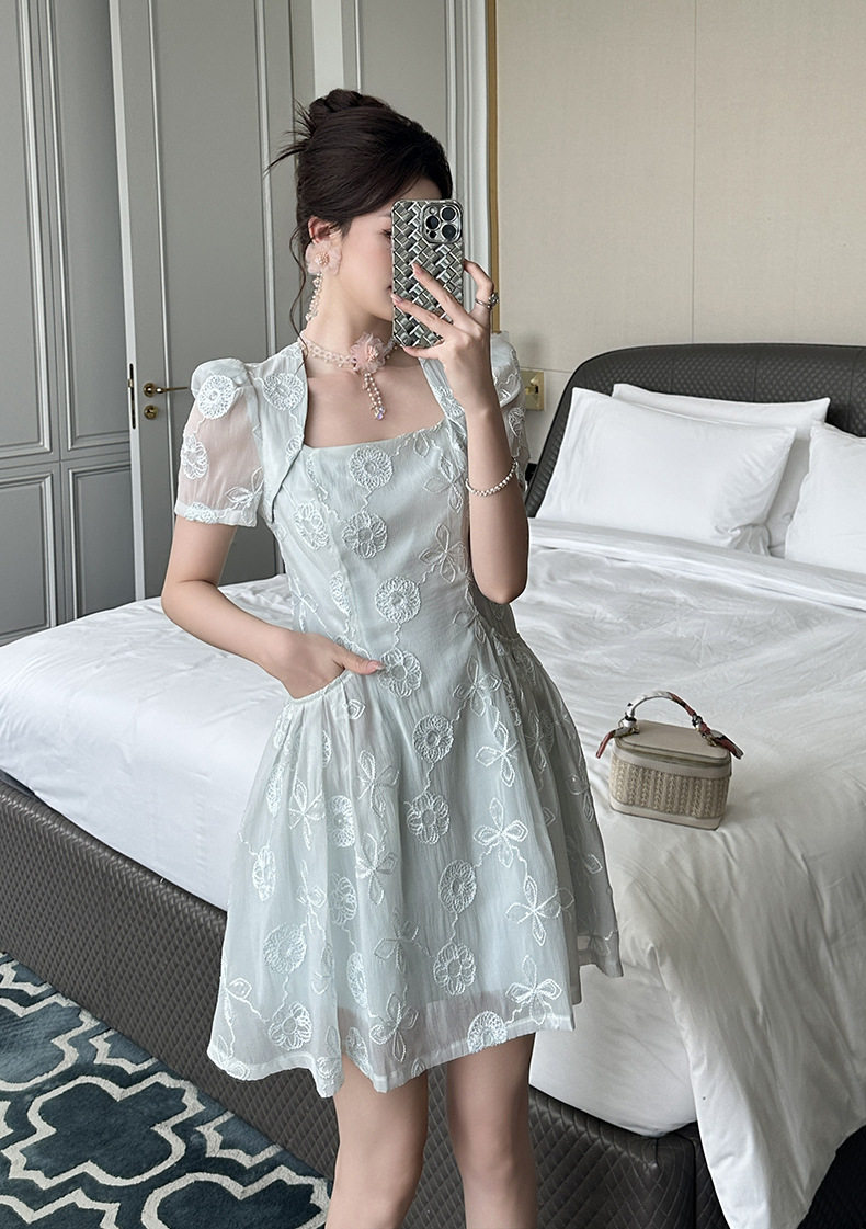Đầm suông nữ midi ren tay ngắn cổ vuông phong cách Pháp — [Xanh nước biển] chi tiết 10