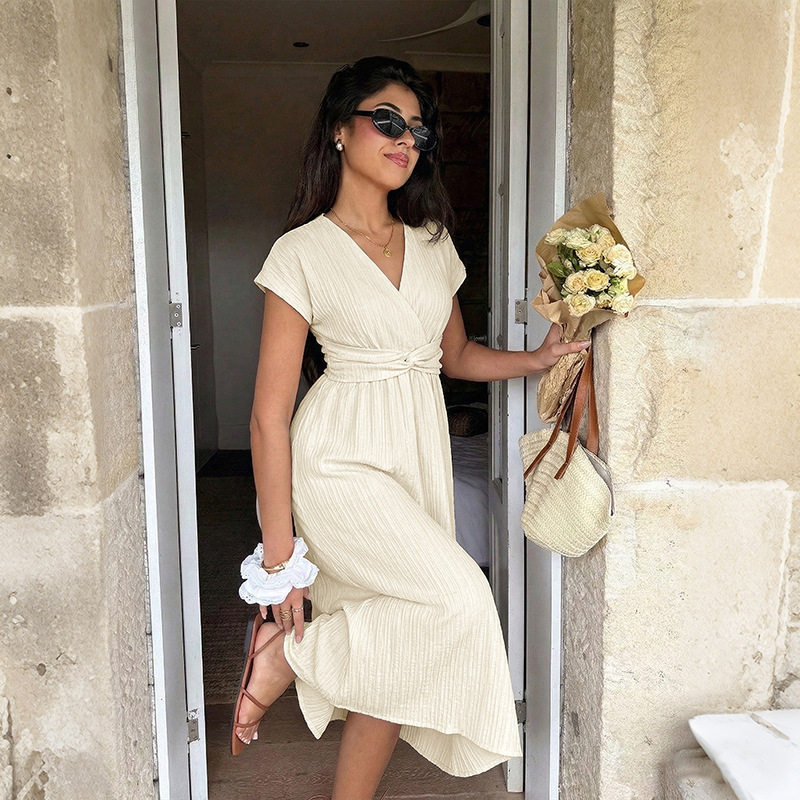 Vacation Style Maxi Dress Solid Color Textured Fabric V Neck Flutter Sleeves Perfect for Summer Events Wholesale