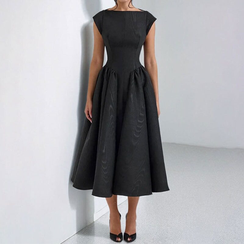 Elegant Sleeveless A Line Dress Solid Color Waist Defined Round Neck Spring Fashion for Women Wholesale Available