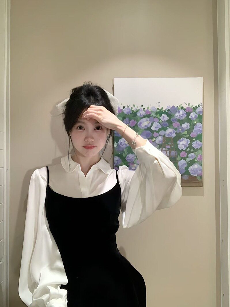 2025 New French Style White Poio Collar Long-Sleeved Shirt Women's Autum Slim Suspender Dress Two-Piece Set