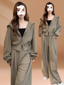 Plus Size 150kg Casual Stylish Fashion Suit Autumn New Hooded Slim Sweatshirt Women's Wide-Leg Pants Two-Piece Set