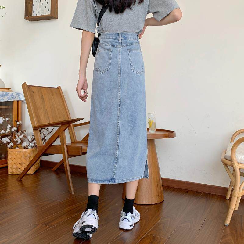 Vintage High Waisted Midi Denim Skirt Slim Fit Side Slit Casual Style Perfect for Spring and Summer Wholesale