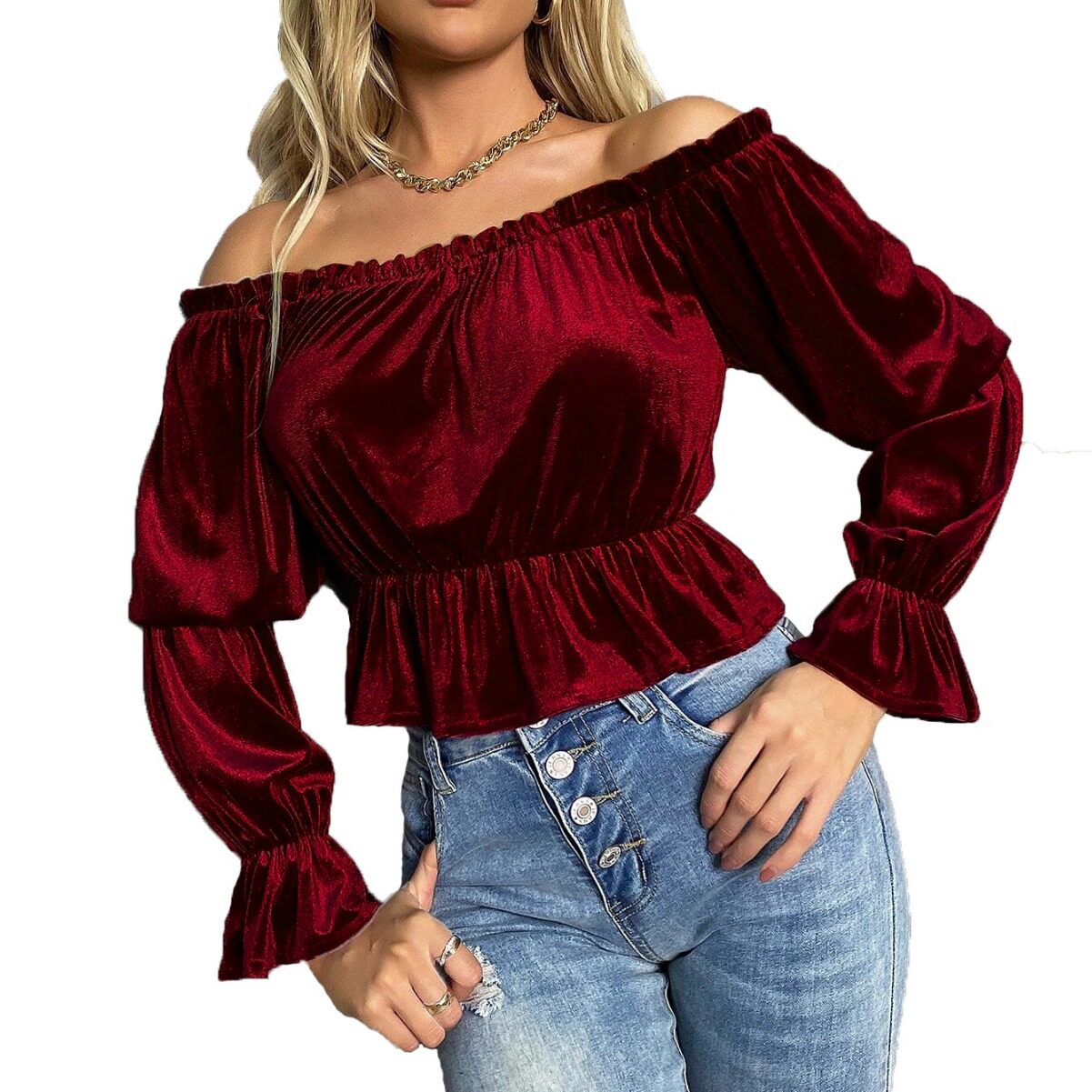 Womens Long Sleeve T Shirt Off Shoulder Neckline Ruffle Detail French Style Velvet Fabric Spring Summer Collection