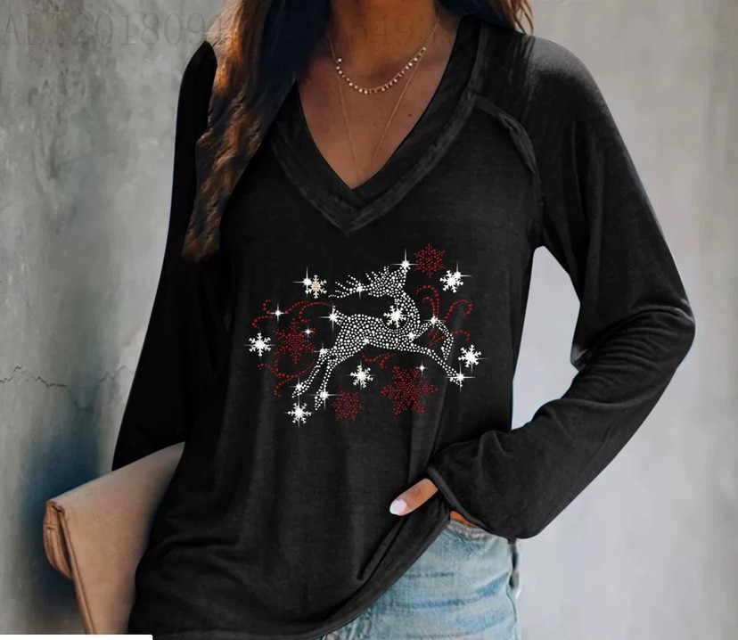 外贸跨境夏季女装简约休闲v领长袖T恤印花T恤女 独立站厂家货源