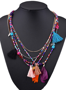 波西米亚多层项链手工串珠羽毛小流苏毛衣链树脂米珠旅游饰品