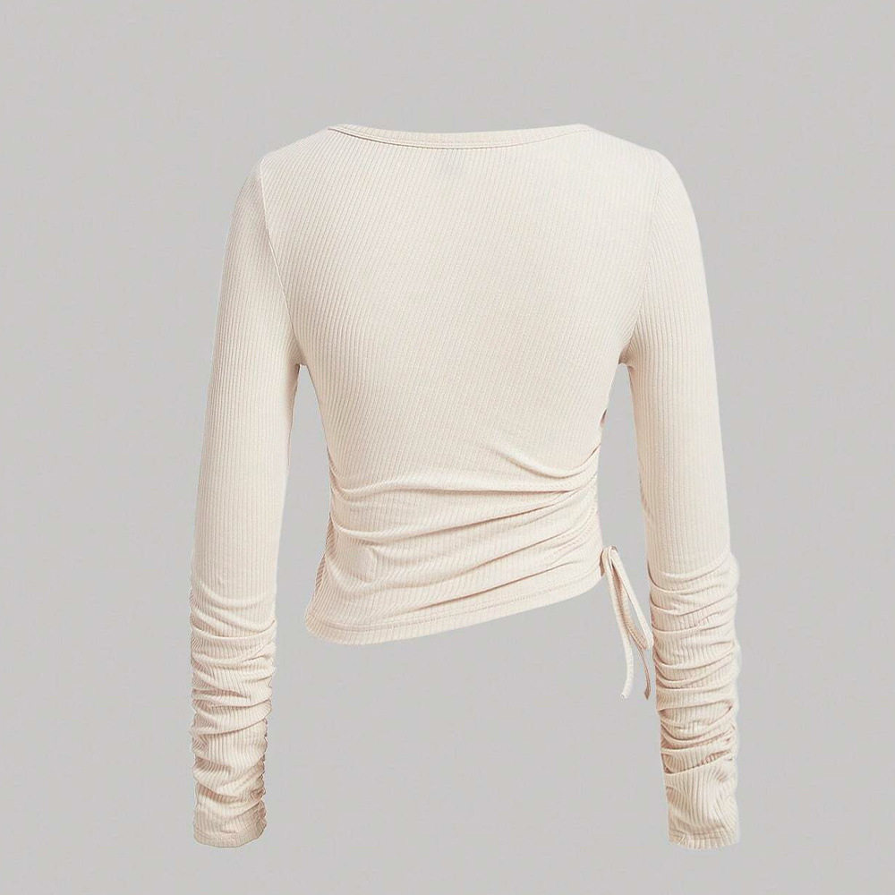 Womens Long Sleeve T Shirt Drawstring Ruched Slim Fit Stretch Fabric Square Neck Casual Wear Wholesale