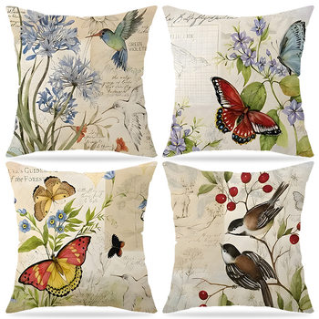Cross-border Spring New Flower Bird Pillow temu Flower and Bird Series Printed Pillow Case Linen Cushion Cover Living Room
