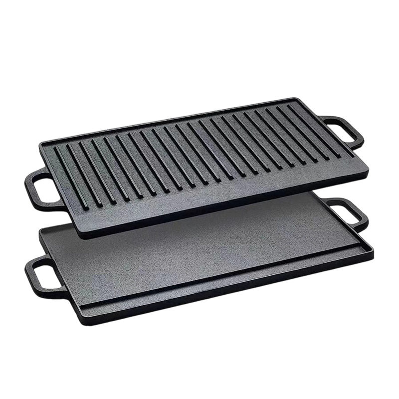Cast Iron Pan Outdoor Barbecue Meat Frying Pan 202 Stripes Rectangular Double-Sided Iron Plate Double-Eared Barbecue Pan Flat Grill Pan