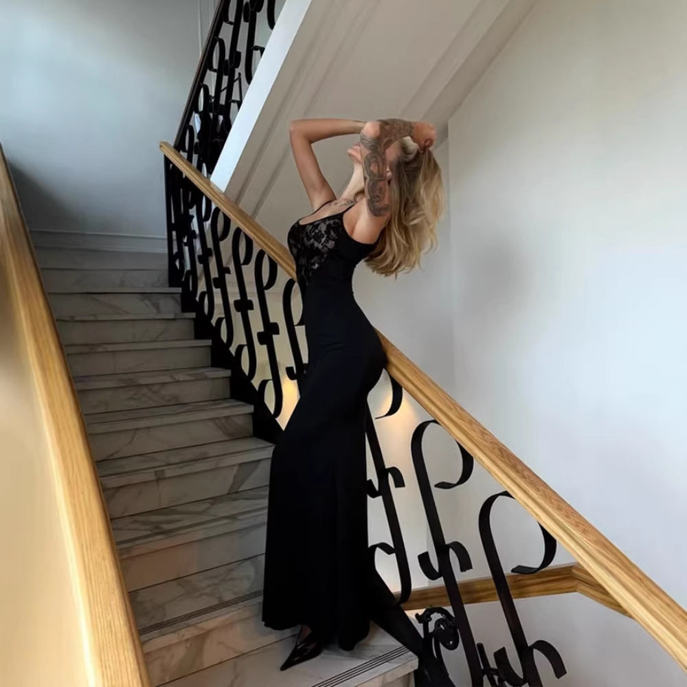 Lace Panel Irregular Hollow Out Bodycon Maxi Dress Slim Fit Elegant Style Solid Color Perfect for Parties and Special