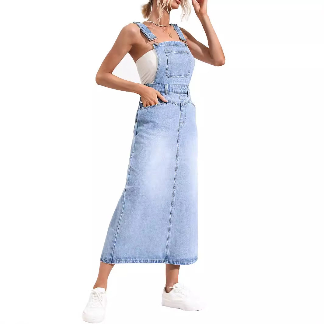 Denim Midi Dress Waist Defining Sleeveless Trendy Design Casual Wear for Summer Wholesale Available