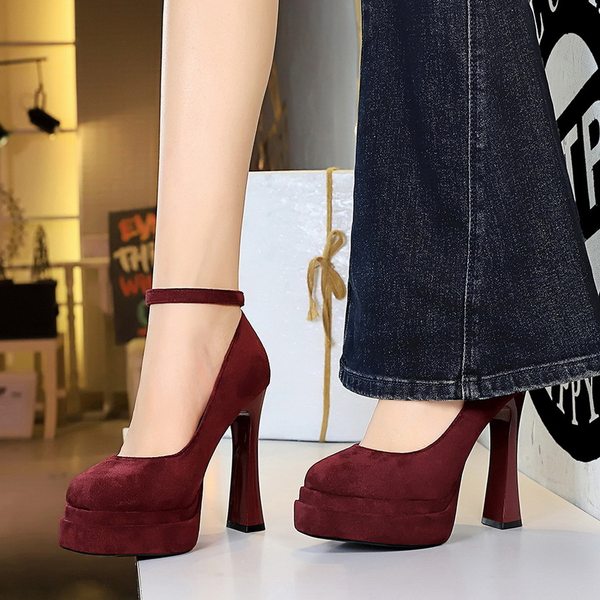 Giày Cao Gót Nữ Mũi Tròn Da Mờ Quai Ngang Chiều Cao Đế Khoảng 10cm Màu Đen, Đỏ Rượu, Nâu