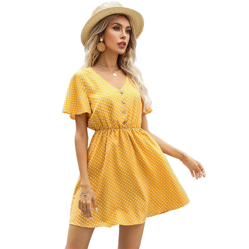 Summer Yellow Polka Dot Dress Short Slim Fit V Neck Casual Style Perfect for Parties or Everyday Wear Wholesale