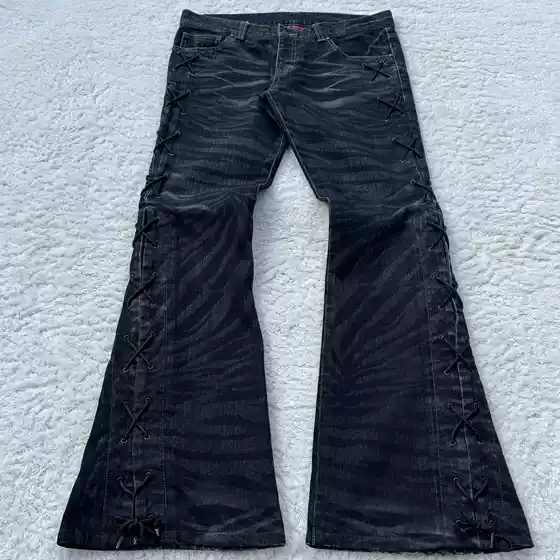Cross-Border American Heavy-Duty Washed Bootcut Jeans for Men and Women Y2K Side Straps Dark Gothic Floor-Length Pants Long Ins
