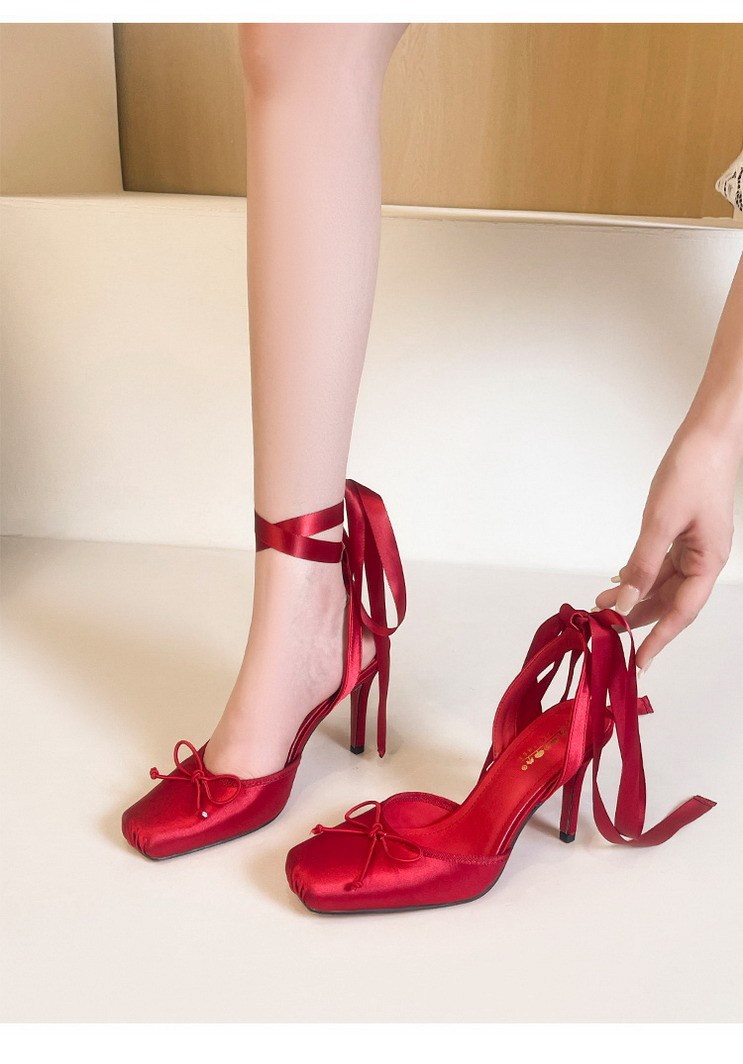 Giày cao gót nữ mũi vuông phong cách ballet, thắt nơ ren quai buộc, đế nhọn mặt satin — màu đen, màu đỏ, Màu tím, Rượu sâm pan