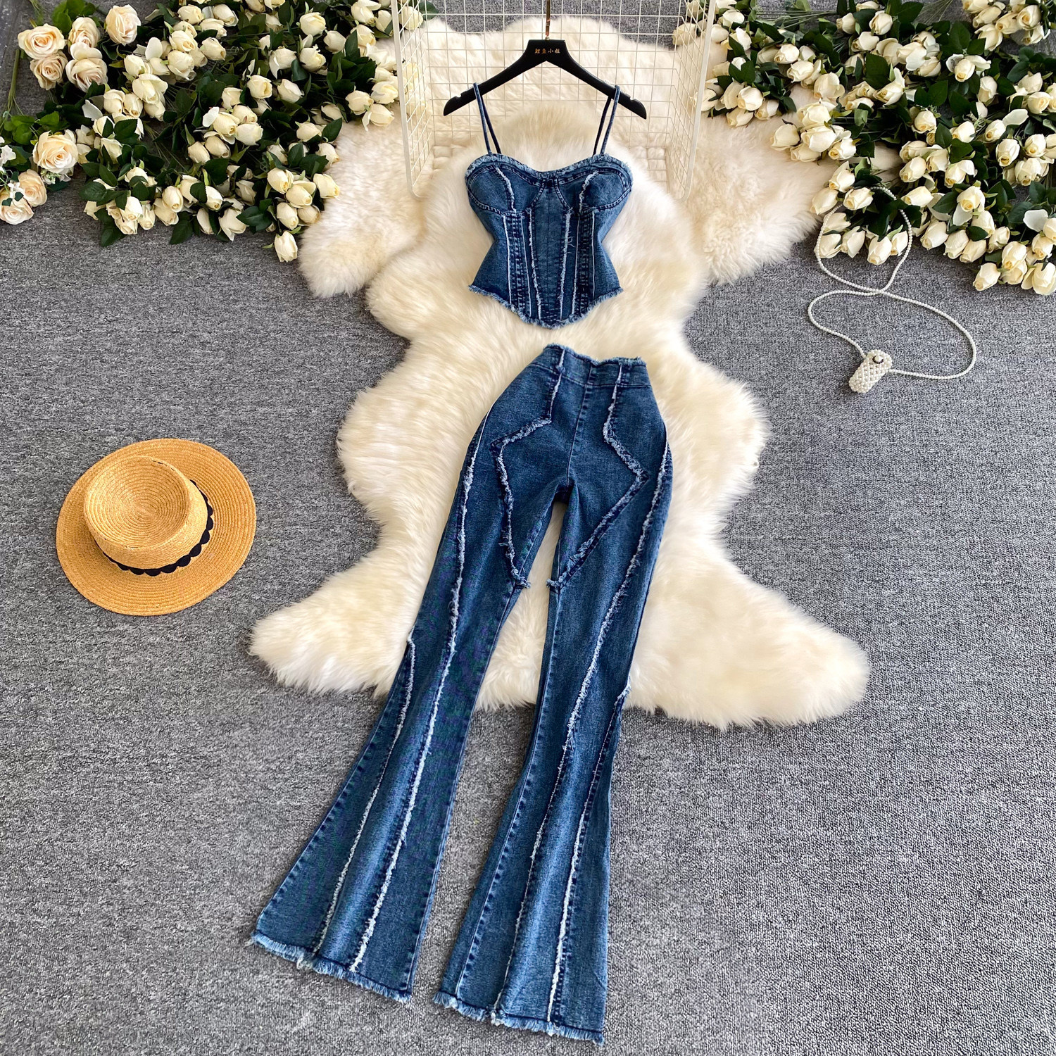 Fashionable Womens Denim Two Piece Set High Waisted Slim Fit Spaghetti Strap Top Trendy Style Perfect for Casual