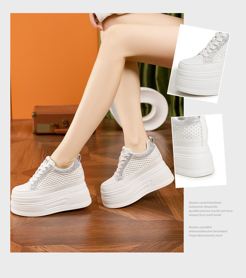 Giày sneaker nữ đế dày rhinestone trắng – phong cách chunky đế cao 8 cm — Trắng, Đen chi tiết 3
