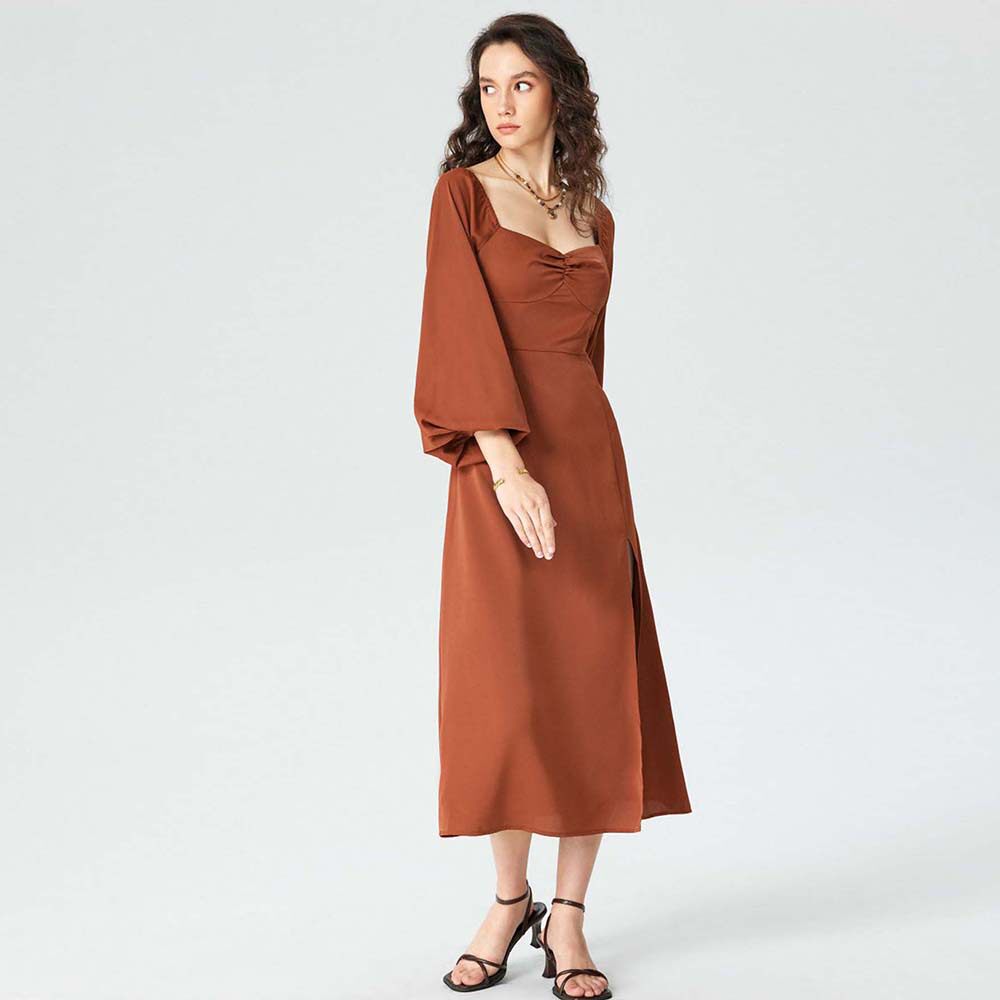 Elegant Midi Dress Square Neck Split Hem Autumn Winter French Style Perfect for Sophisticated Occasions Wholesale
