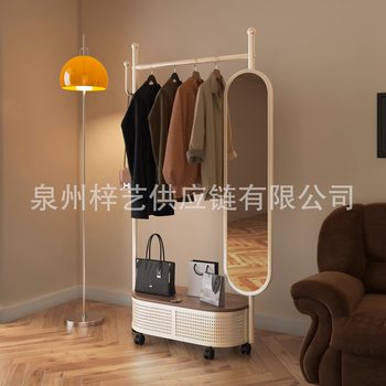 New Bedroom Floor-Standing Wardrobe with Clothes Rack, Cream-Colored Shelf, Movable Coat Rack, Integrated Design