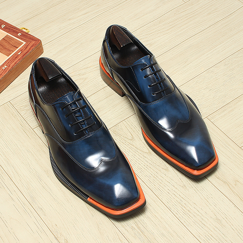 Giày Oxford nam da bò thật lót da bò, giày tây công sở mũi vuông buộc dây — Đỏ rượu tây, Xanh đá quý, Màu đen, Màu xanh lục đậm
